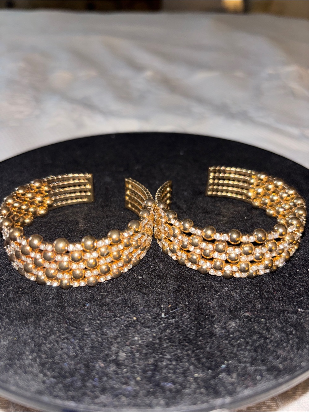 Gold Beaded and Rhinestone Multi-Row Cuff Bracelet